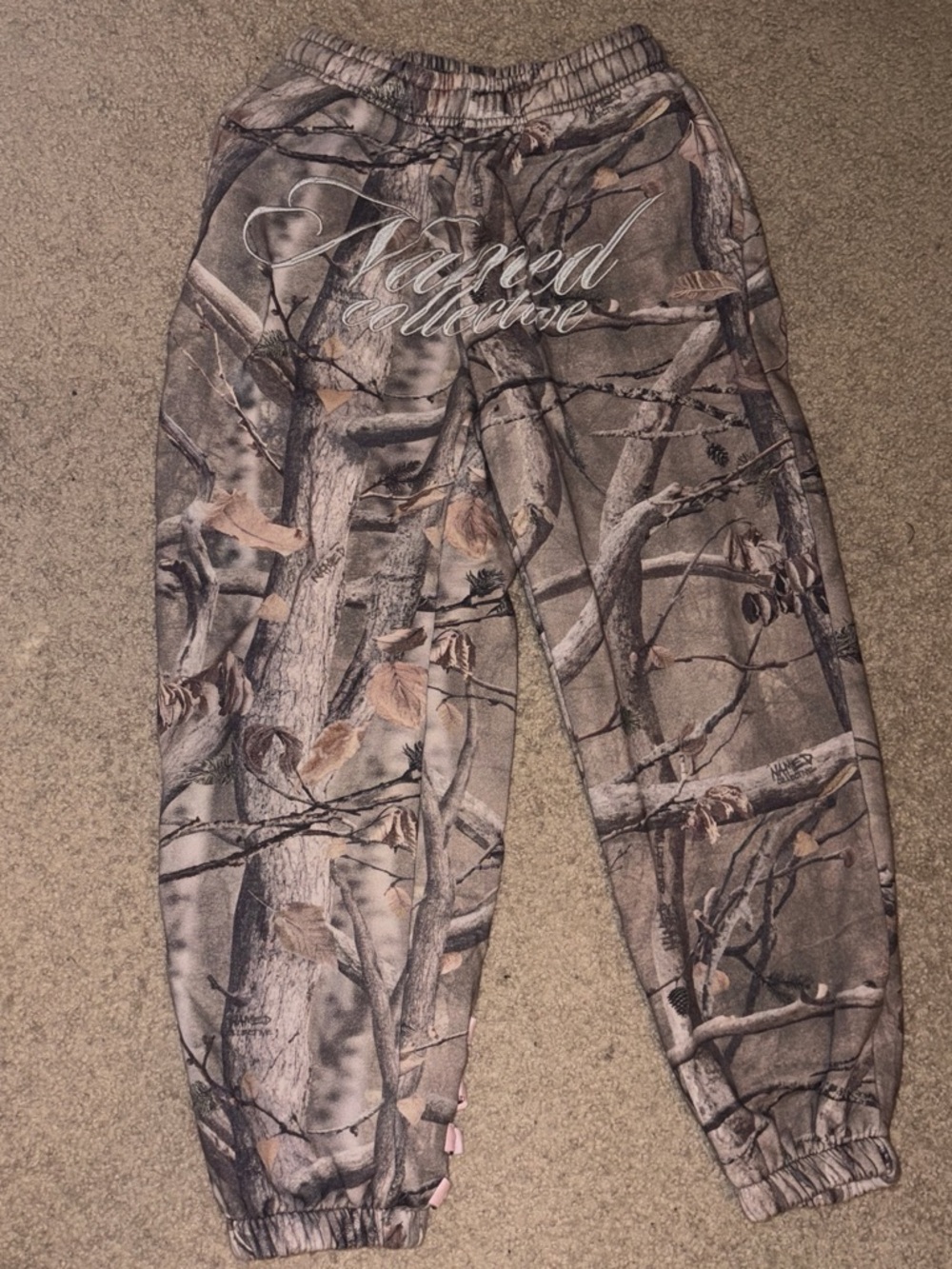 Named Collective Camo Jogger Pants - Brown/Gray with pink ribbon